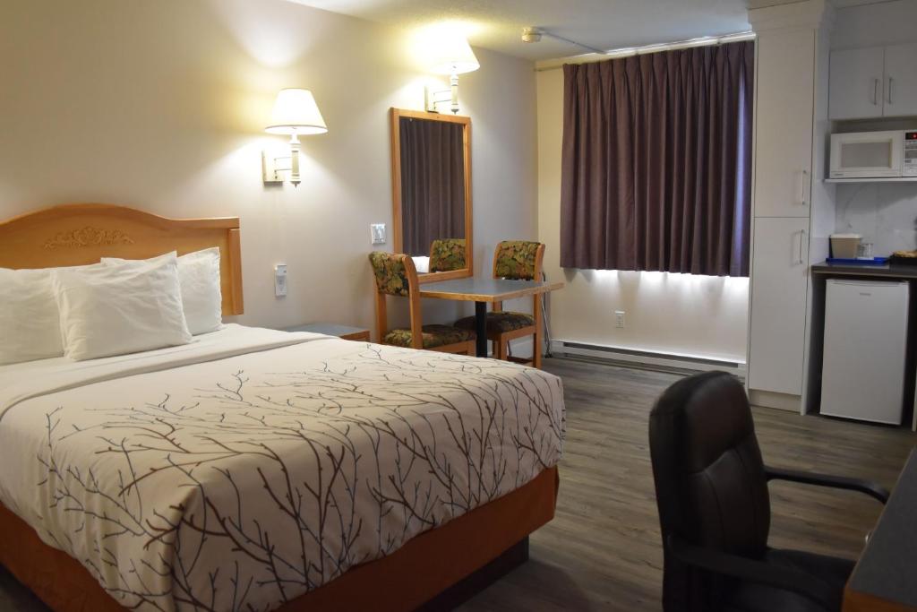 卡斯尔加Canadas Best Value Inn & Suites-Castlegar的酒店客房设有一张床和一个小厨房