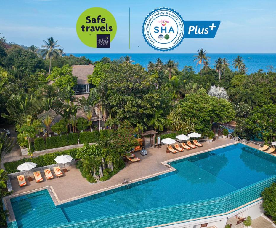涛岛Ban's Diving Resort SHA Extra Plus的一张在度假胜地的游泳池的图片,上面有文字销售旅行加加
