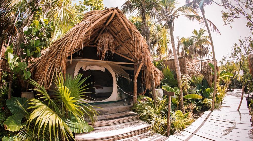 图卢姆Uman Glamping & Cenote Tulum的花园中带草屋顶的小屋