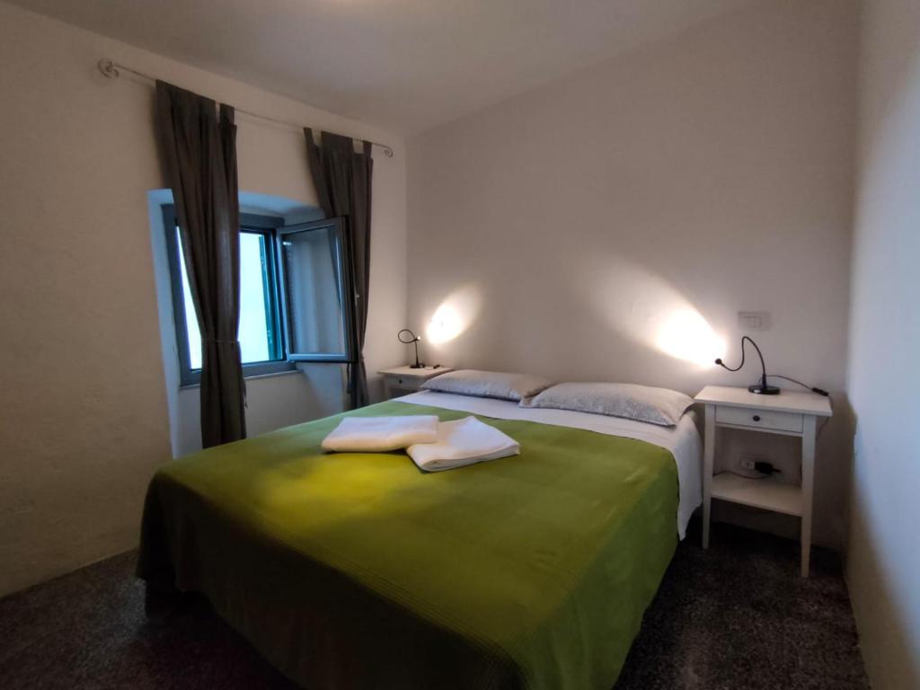 福斯迪诺沃appartamento a Fosdinovo的一间卧室配有一张床,上面有两条毛巾