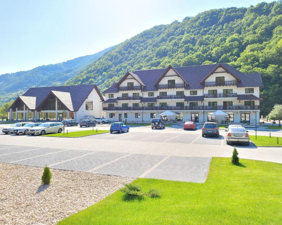 MartinieNedei Hotel&Spa Transalpina的停车场内停放汽车的大型建筑