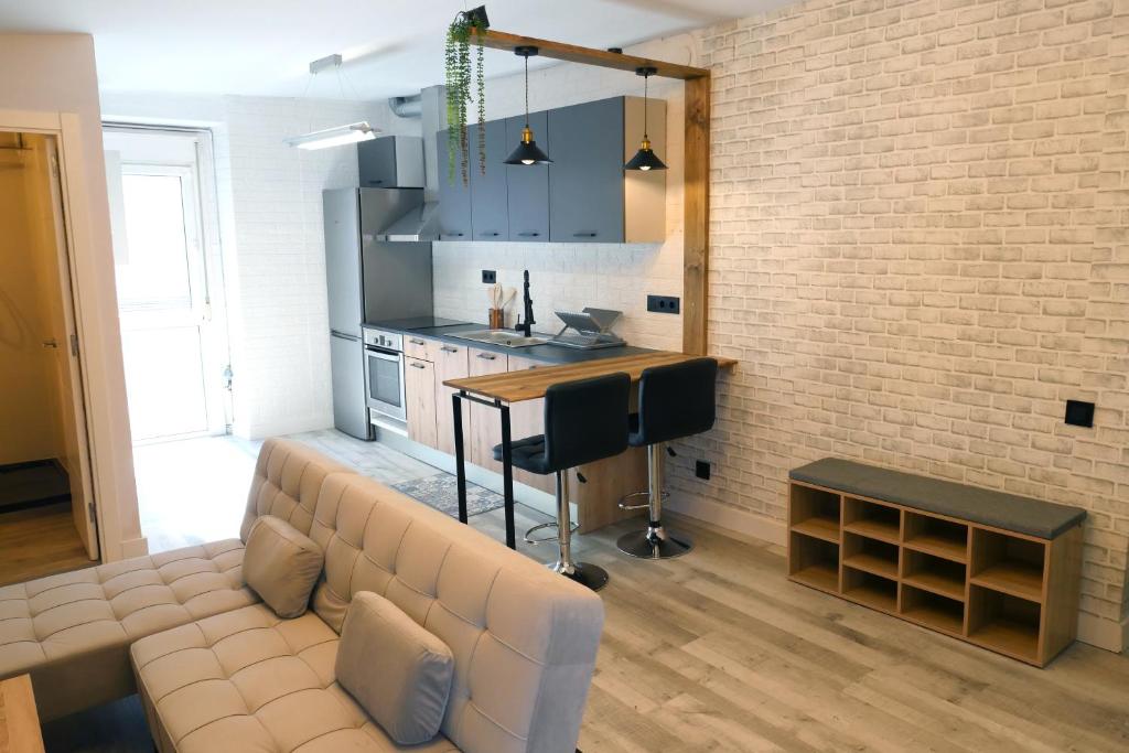 特伦普Rita, apartament ideal per a dos的带沙发和砖墙的客厅