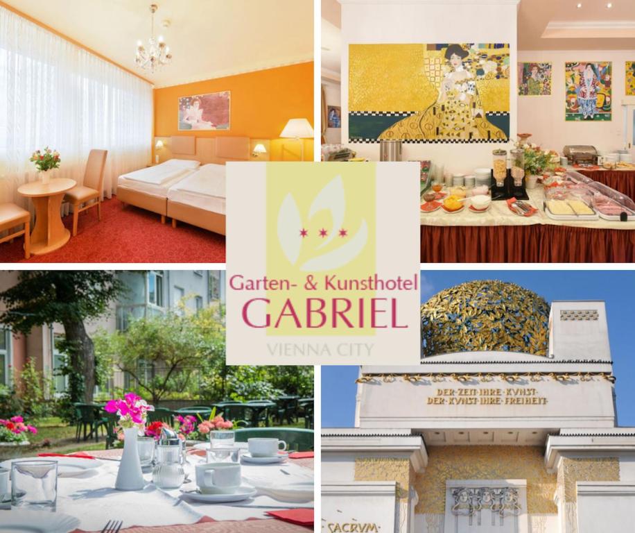 维也纳Garten- und Kunsthotel Gabriel City的照片与酒店房间相搭配,餐桌上摆放着食物