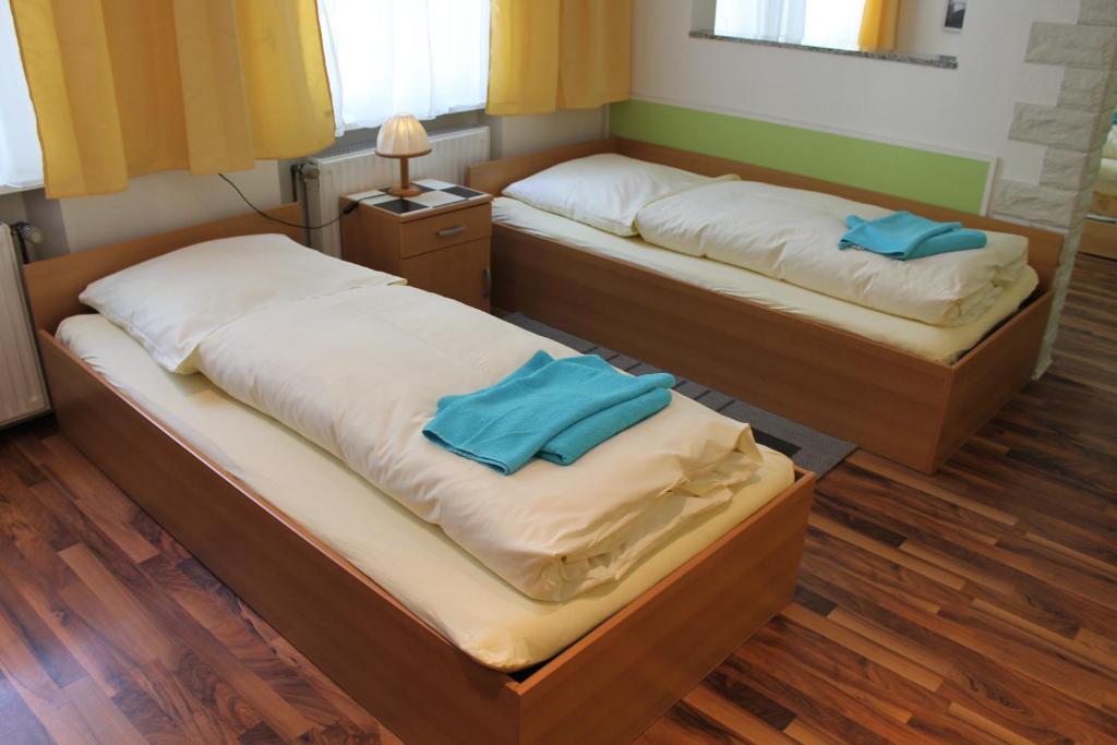 菲尔特纽伦堡菲尔特中心旅馆的两张位于房间的床,上面有两个蓝色枕头