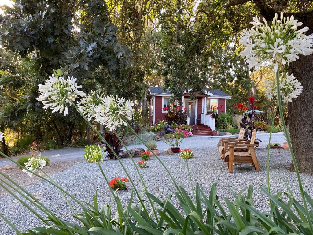 圣罗莎Amitabha Wine Country Cottage的房屋前带长凳和鲜花的花园