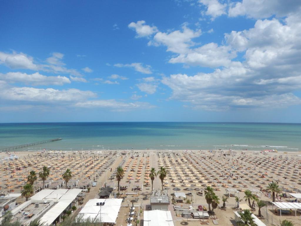 里米尼Hotel Giannini的享有棕榈树海滩和大海的景色