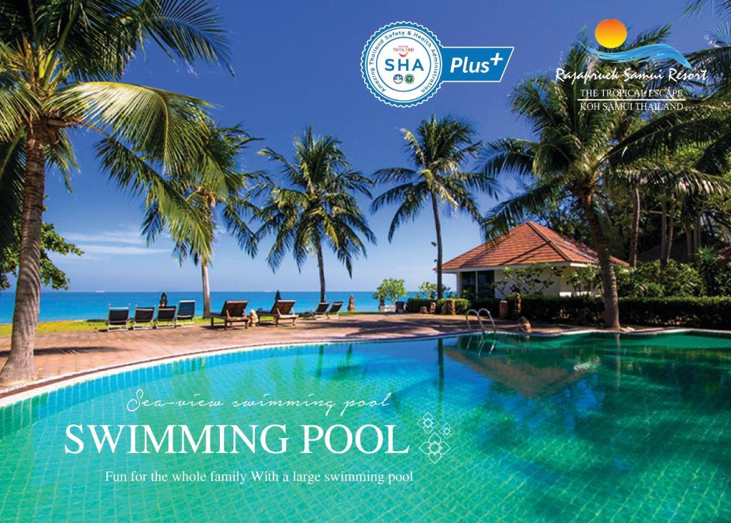 利巴诺伊Rajapruek Samui Resort - SHA Plus的棕榈树游泳池的杂志封面