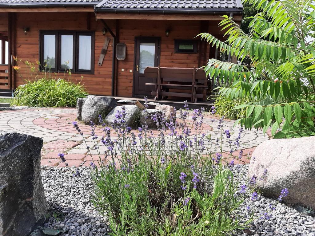 NeravaiHoliday House & Sauna in Druskininkai的小木屋前方种有紫色花的花园