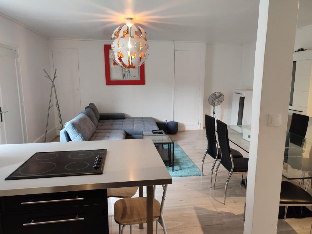 图尔Appartement Cosy et Lumineux的厨房以及带沙发和桌子的客厅。