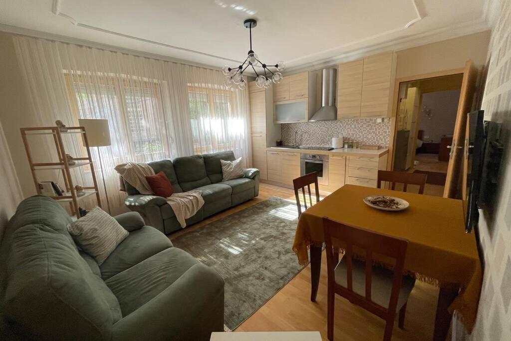 普里什蒂纳Cozy apartment in the center of Prishtina的客厅配有绿色沙发和桌子