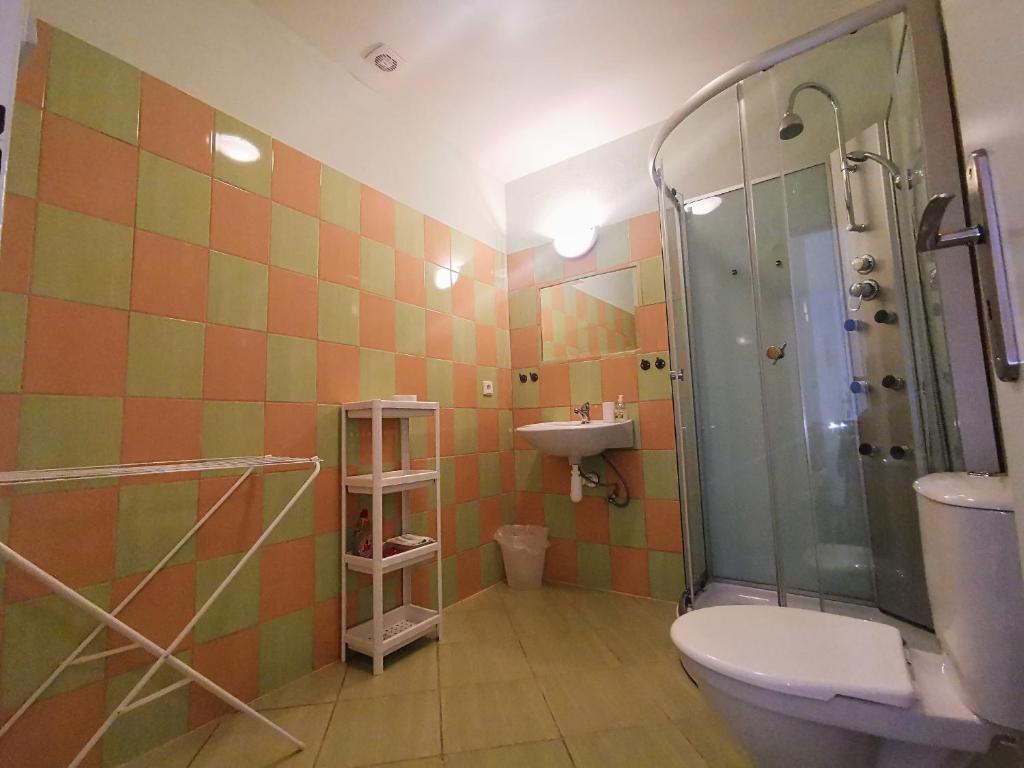 兹诺伊莫Ubytování Inka的带淋浴、卫生间和盥洗盆的浴室