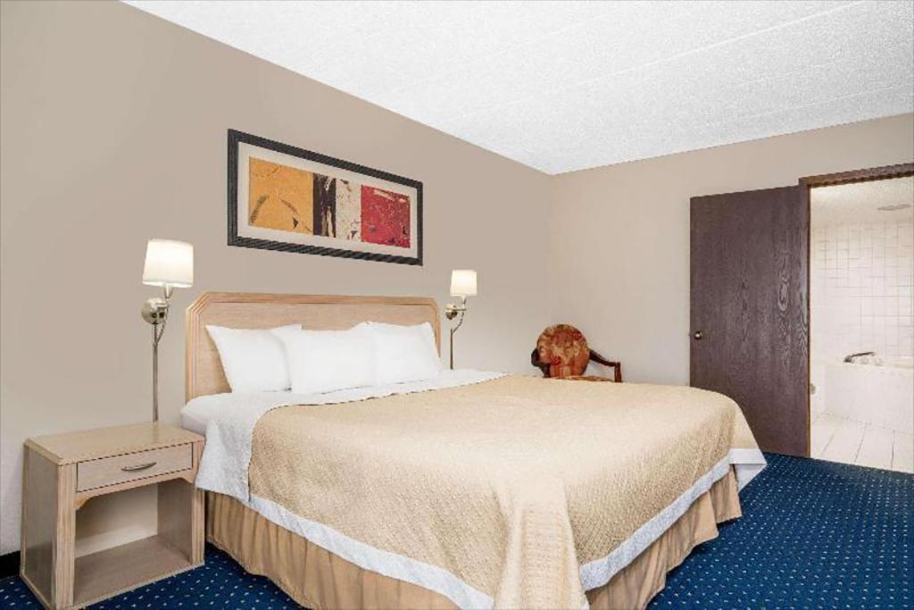 拉克罗斯Norwood Inn & Suites La Crosse的一间酒店客房,里面设有床和一只狗