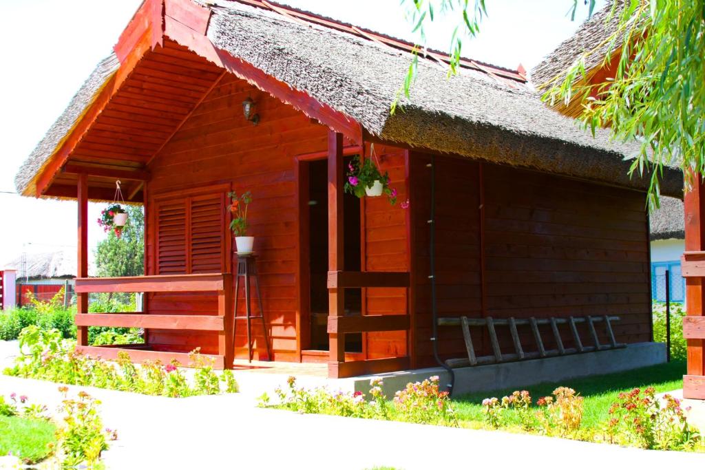 穆里吉奥尔Pensiunea La Tavi的茅草屋顶的小型木屋