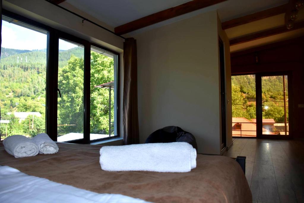 博尔若米holiday home的一间卧室设有一张大床和大窗户
