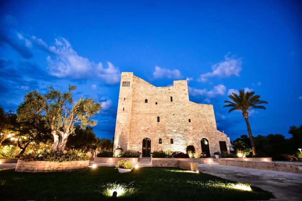 焦维纳佐Hotel Torre Domini的一座大型石头建筑,晚上种植棕榈树