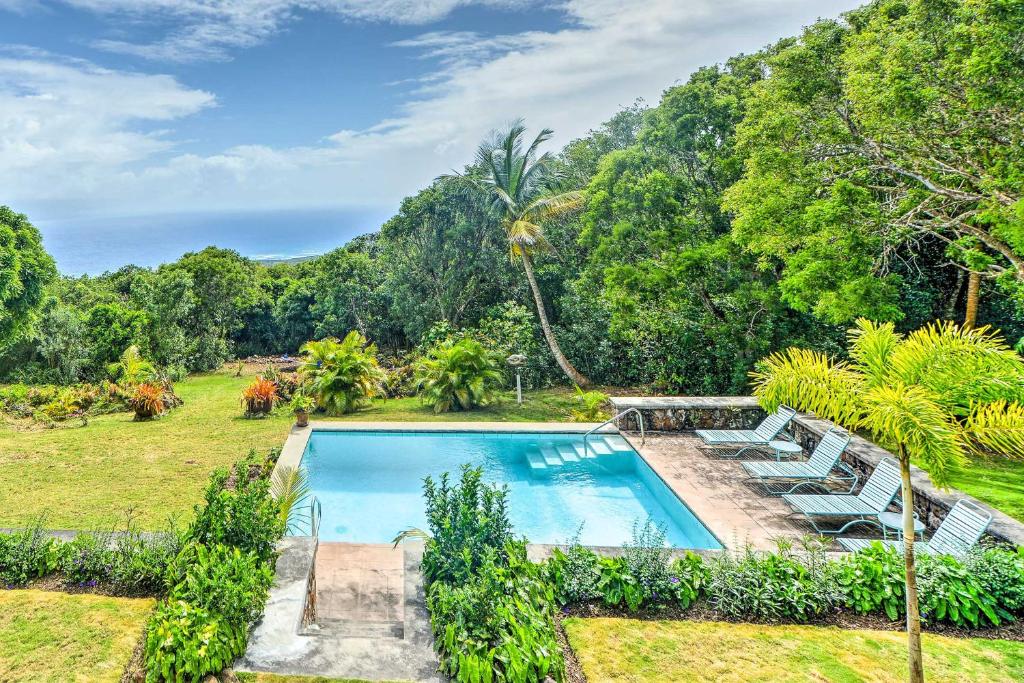 GingerlandNevis Home with Pool, Stunning Jungle and Ocean Views!的游泳池的形象,游泳池的椅子和树木