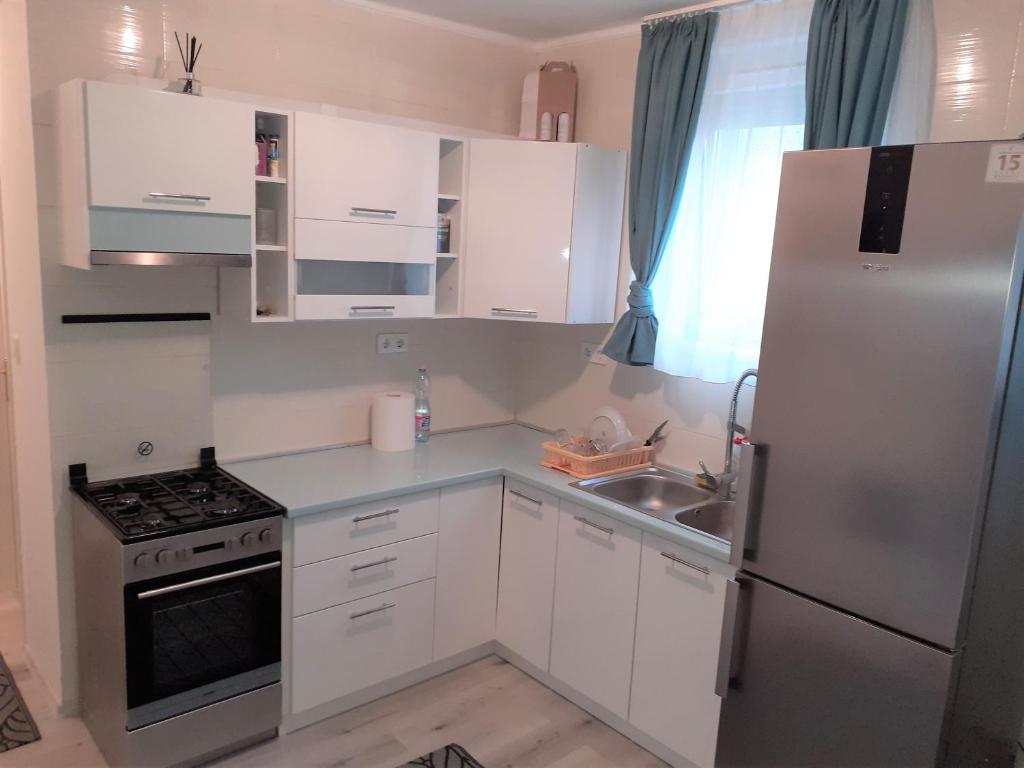 凯斯特海伊Nelli Apartman的白色的厨房配有冰箱和水槽