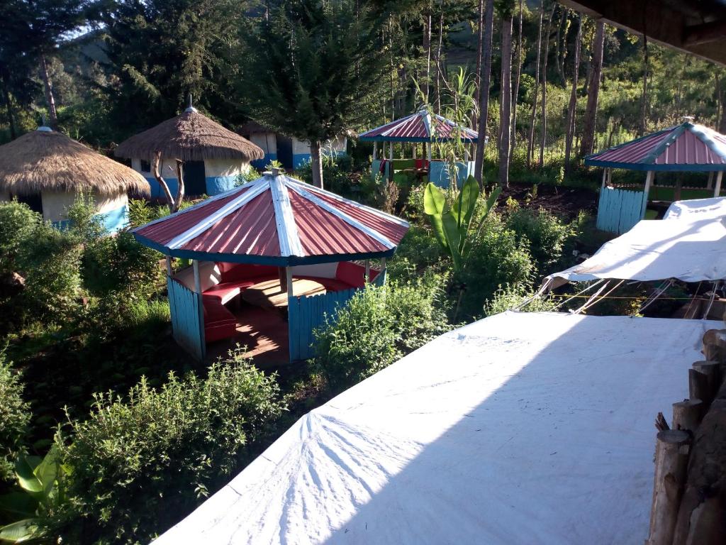 Nyandarua Maverick Camp, Rondavels and Homestay的一个带屋顶的小房子的花园