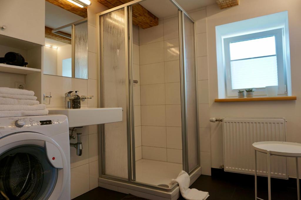 格齐斯Beeindruckende Wohnung im Rheintal的带淋浴和洗衣机的浴室