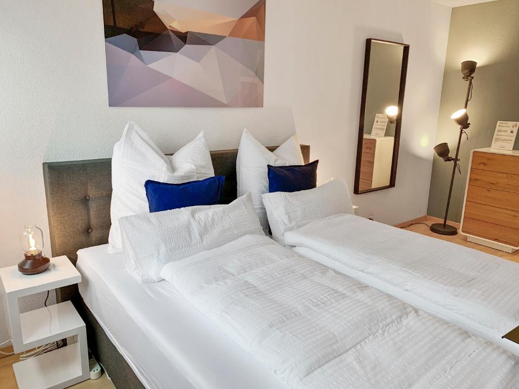 楚格ARISER - City View 1 Business Apartment的卧室设有两张白色的床和蓝色枕头