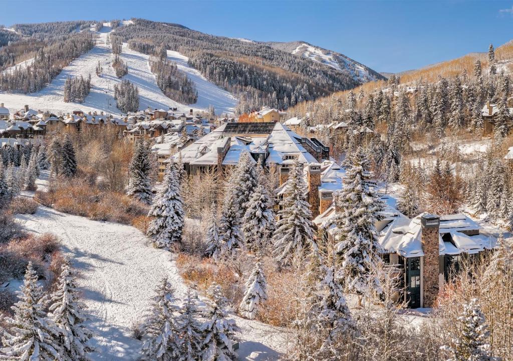 比弗河比弗河溪畔酒店的雪中滑雪小屋的空中景致