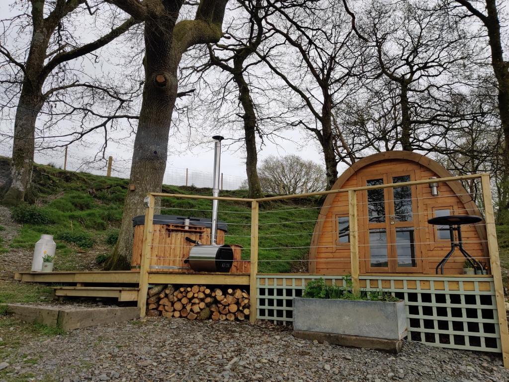 马汉莱斯Tan-y-Dderwen Pod的小木屋设有围栏和烧烤架