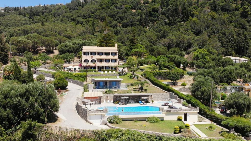 派莱卡斯Green Hill Resort的享有带游泳池的房屋的空中景致