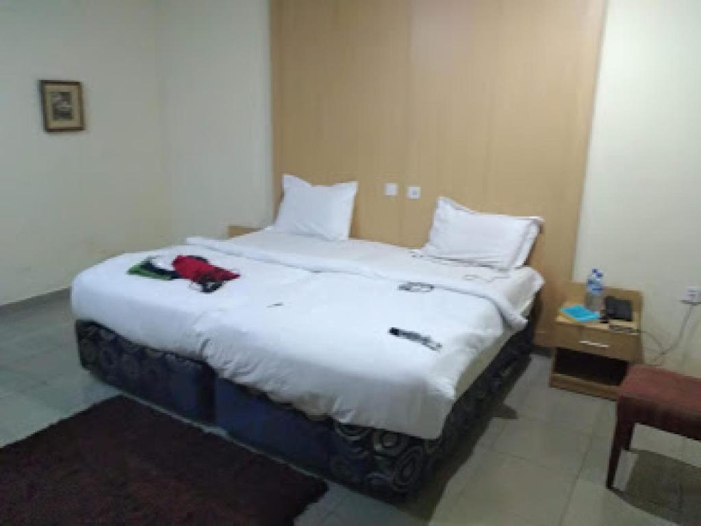 IkogosiRoom in Apartment - Ikogosi Warm Springs - Presidential Lodge的一间卧室配有一张白色大床,上面有红花