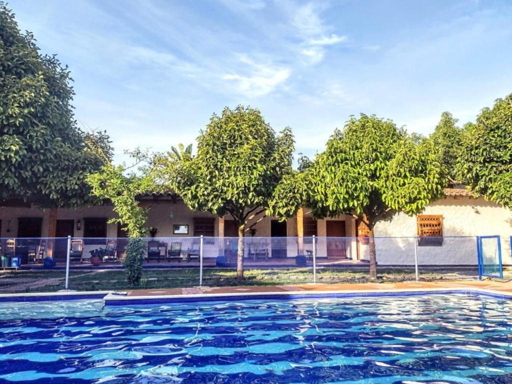 马里基塔Hotel Refugio J.G的一座树木环绕的游泳池