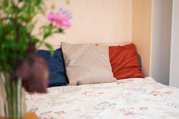 卢森堡Superb City Apartement/studio的一张带色彩缤纷的枕头和花瓶的床