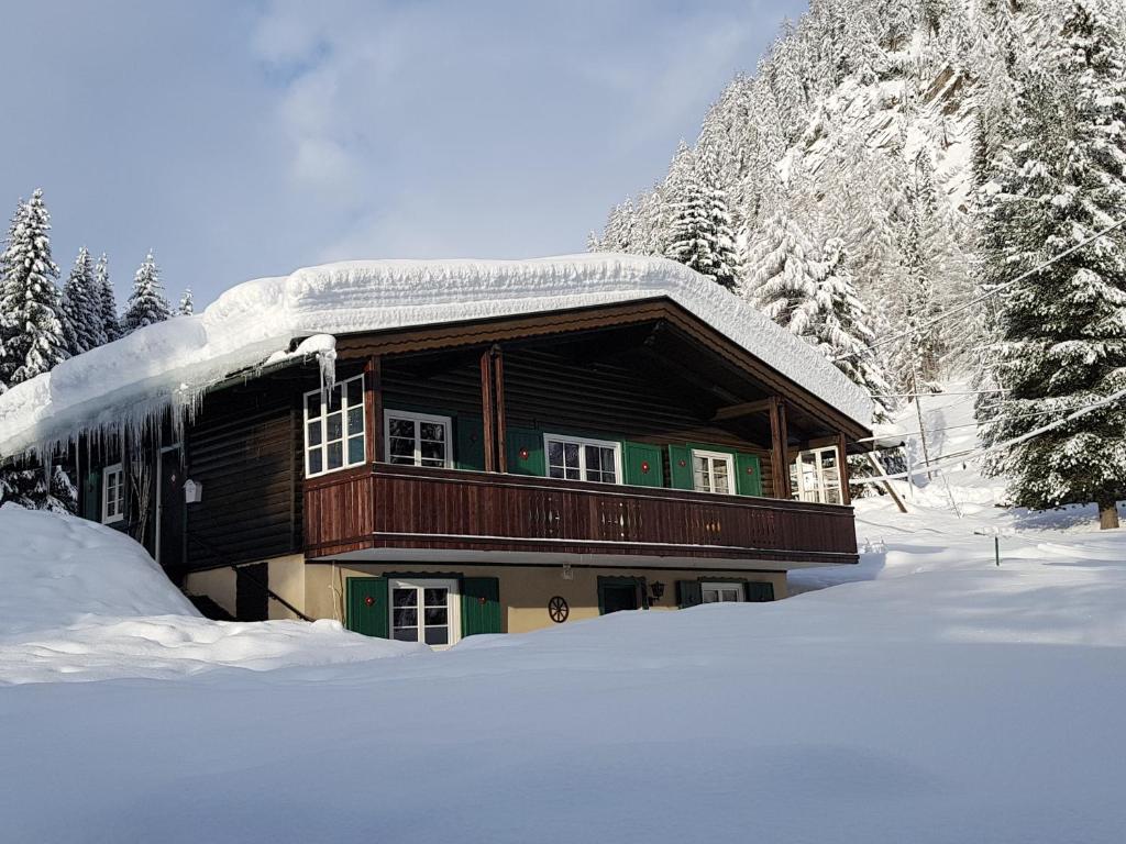 马尔尼茨Ferienhaus Erika的小木屋顶部有雪