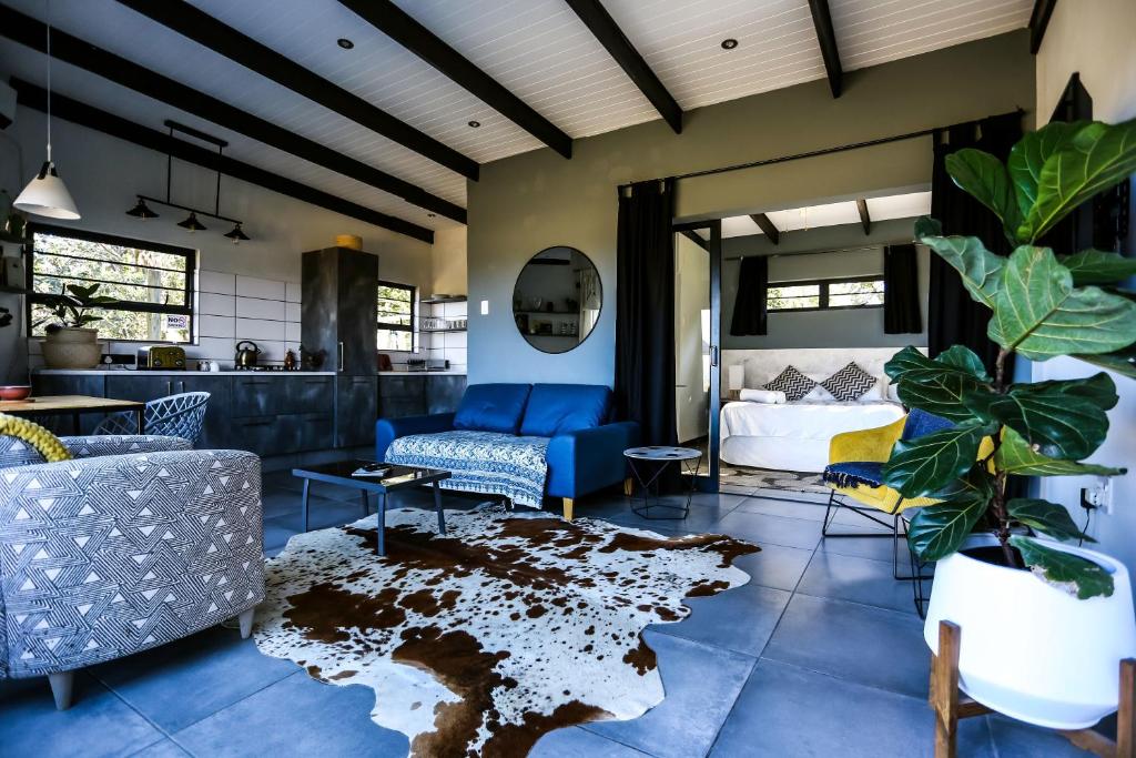 Haga-HagaHadada Self Catering Studio的客厅配有蓝色的沙发和床。