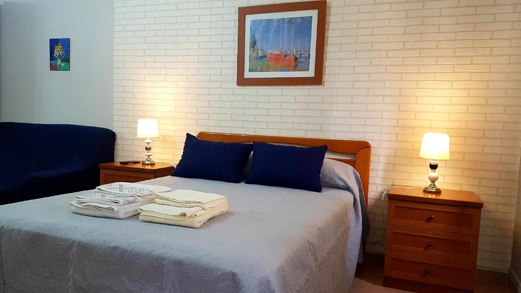 卡尔达斯·德·雷斯Apartamento Loft II Select Real Caldas de Reis的一间卧室配有一张带蓝色枕头的床和两盏灯。
