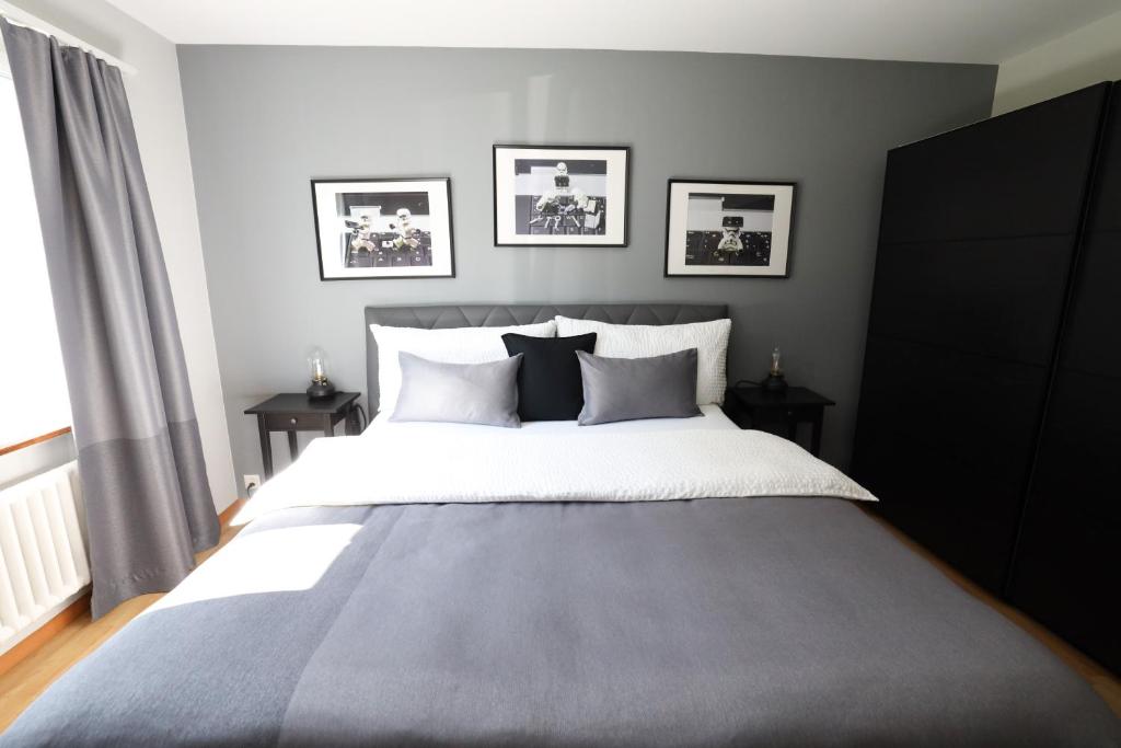 伯尔尼Armotti Apartments Friedheim的一间卧室配有一张大床,提供黑白枕头