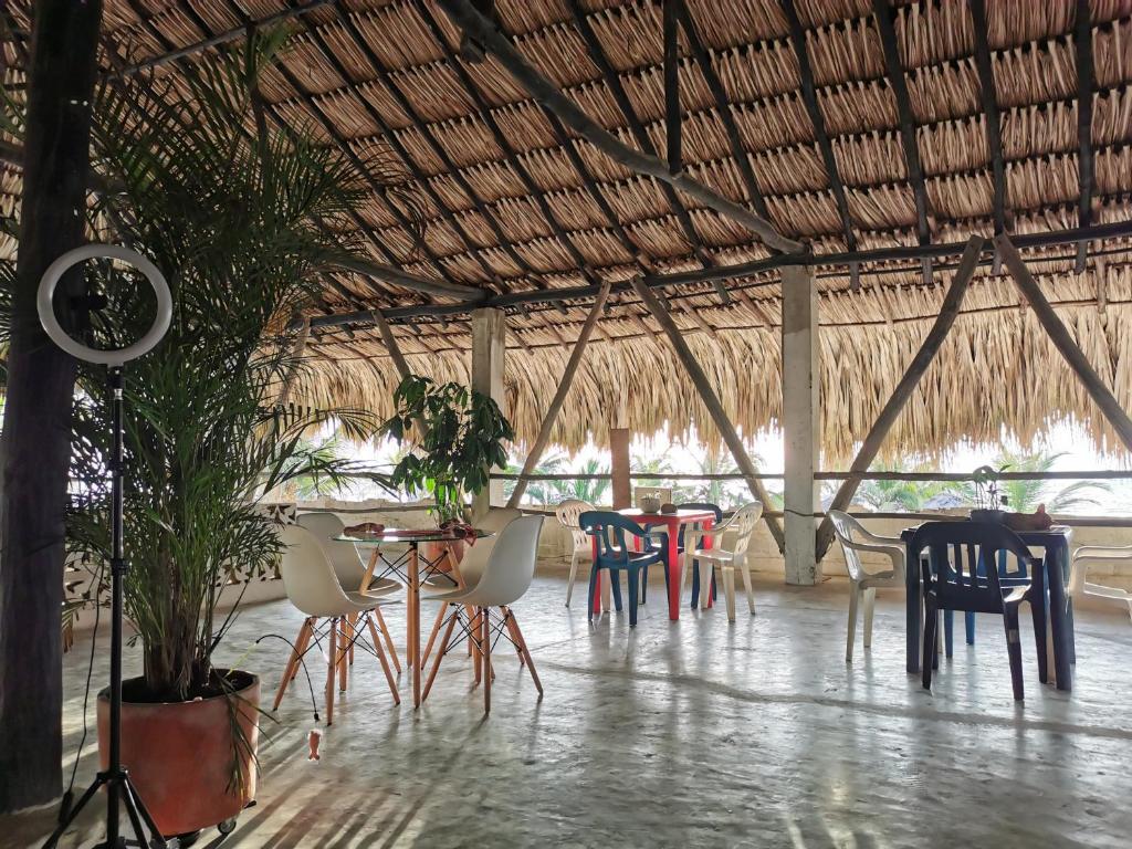 科韦尼亚斯Casa el Muelle的一间带桌椅和稻草屋顶的餐厅