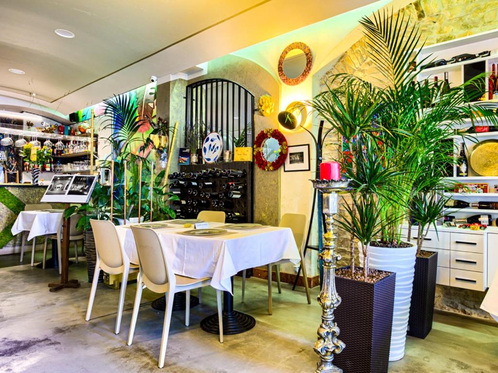 琴斯托霍瓦GRONO Apartamenty的一间设有桌椅和植物的餐厅