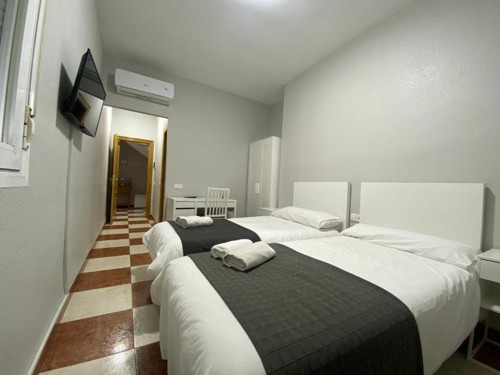 Alhama de AlmeríaFONDA CHIQUITO的一间卧室设有两张床,墙上配有电视。