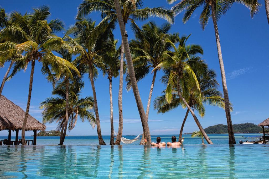 马洛洛Tropica Island Resort-Adults Only的一群人在棕榈树无边游泳池里