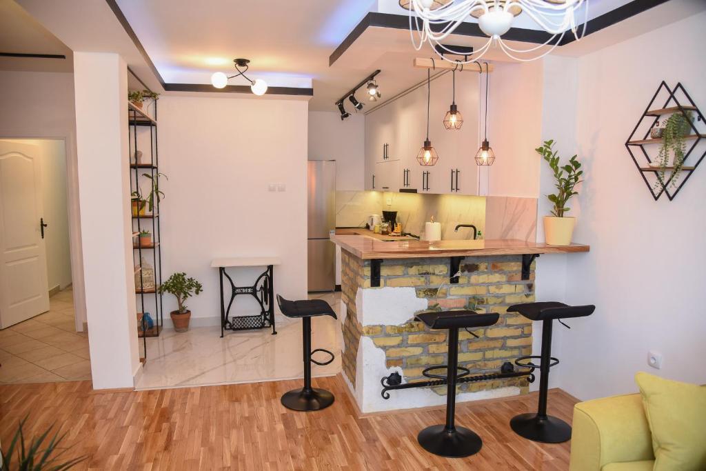 诺维萨德Garden Apartment - Oaza u centru grada的厨房以及带柜台和凳子的客厅。