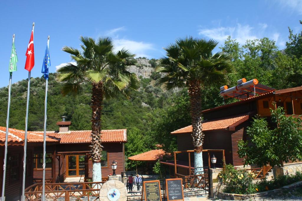 AğaçlıhüyükUyku Vadisi Hotel的两棵棕榈树的建筑
