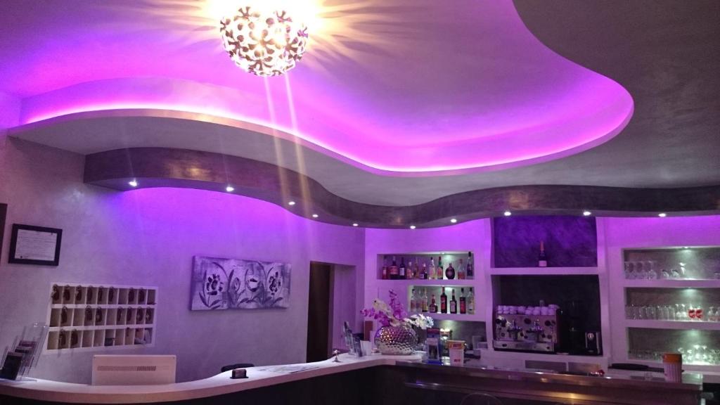 洛特佐拉伊奥里亚斯特拉酒店的天花板上设有紫色灯的酒吧