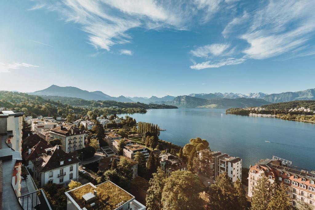 卢塞恩Art Deco Hotel Montana Luzern的城市中一个大湖泊的景色