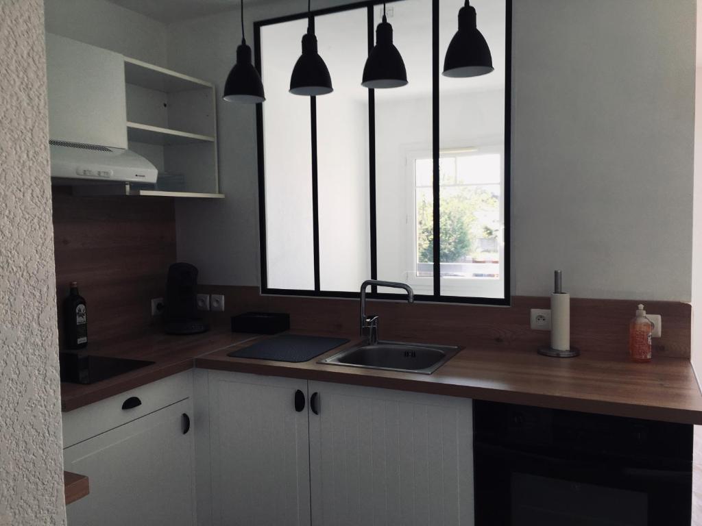 居让梅斯特拉Colibri Appart' T2 au coeur du Bassin d'Arcachon的厨房设有水槽和窗户。