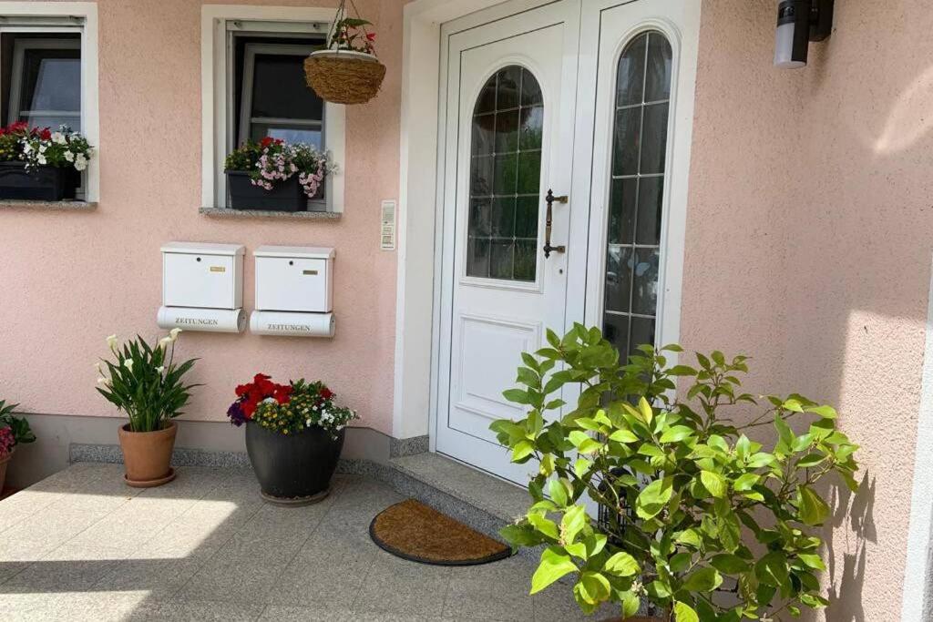 DillGemütliche Ferienwohnung im Hunsrück的粉红色房子的前门,有盆栽植物