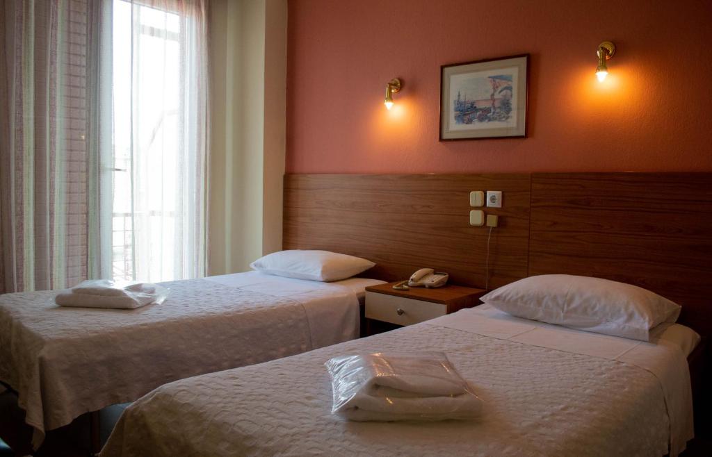 约阿尼纳Egnatia Hotel的酒店客房设有两张床和窗户。