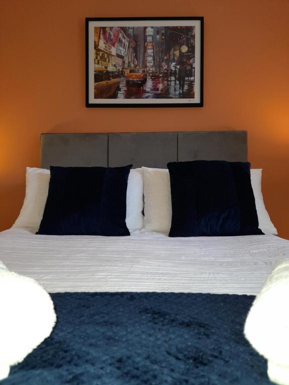 巴恩斯利Ideal Apartment - Sleeps 6 - Parking的一张带黑白枕头的床
