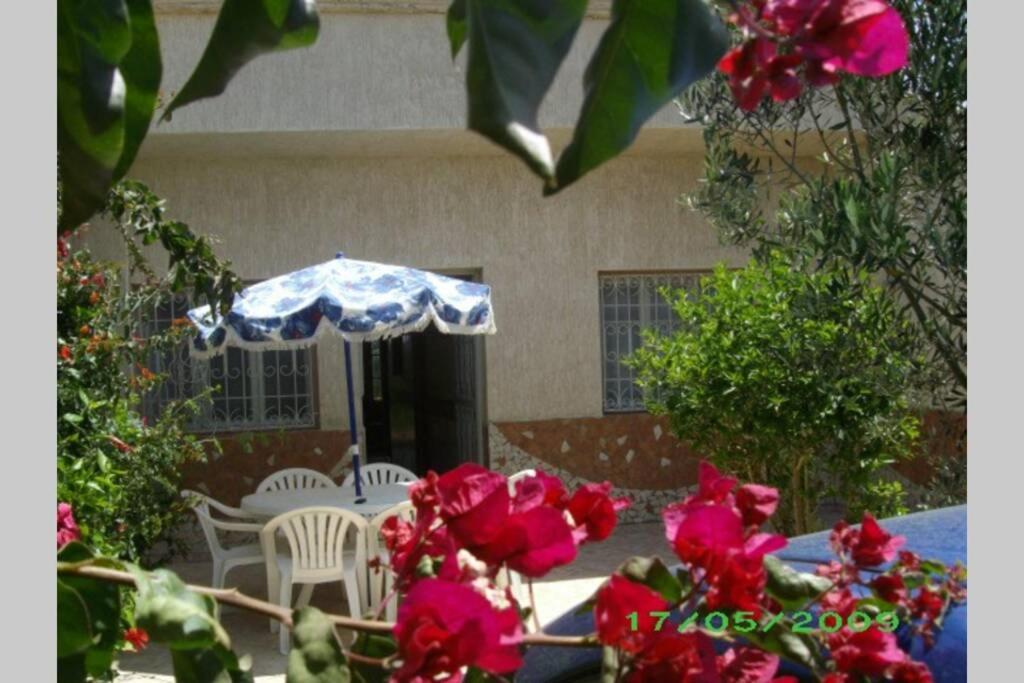 西迪拉哈尔Petite Villa à Sidi Rahal Plage的庭院配有椅子和遮阳伞,鲜花粉红色