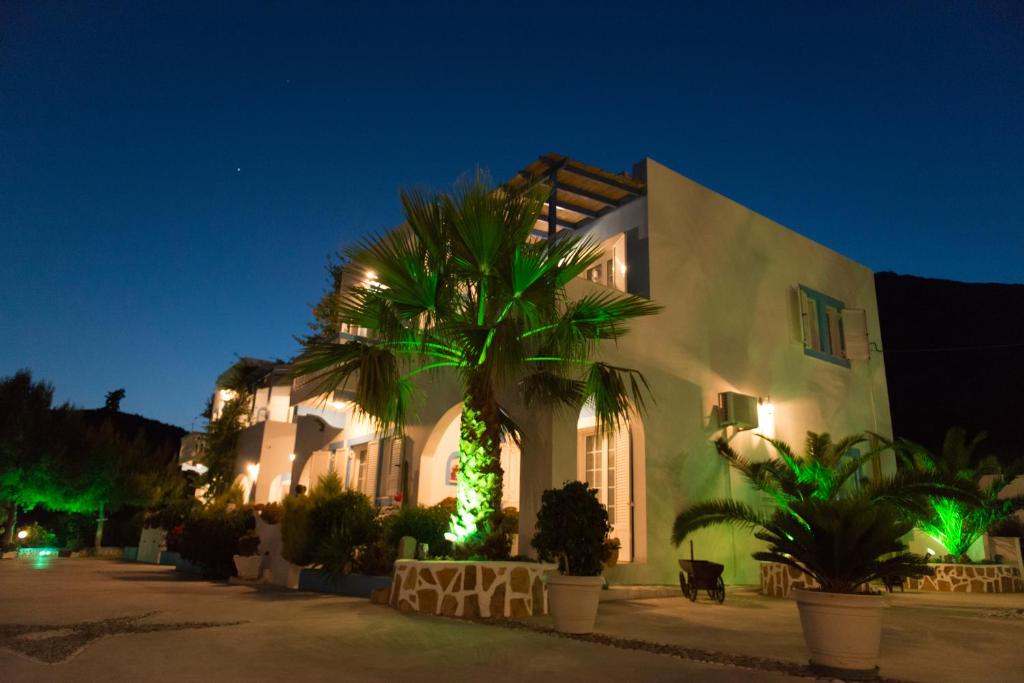 阿林达伊尔皮尼基公寓的一座在晚上有棕榈树的建筑