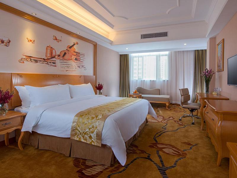 佛山维也纳酒店广东佛山陶瓷城店的酒店客房设有一张大床和一台电视。