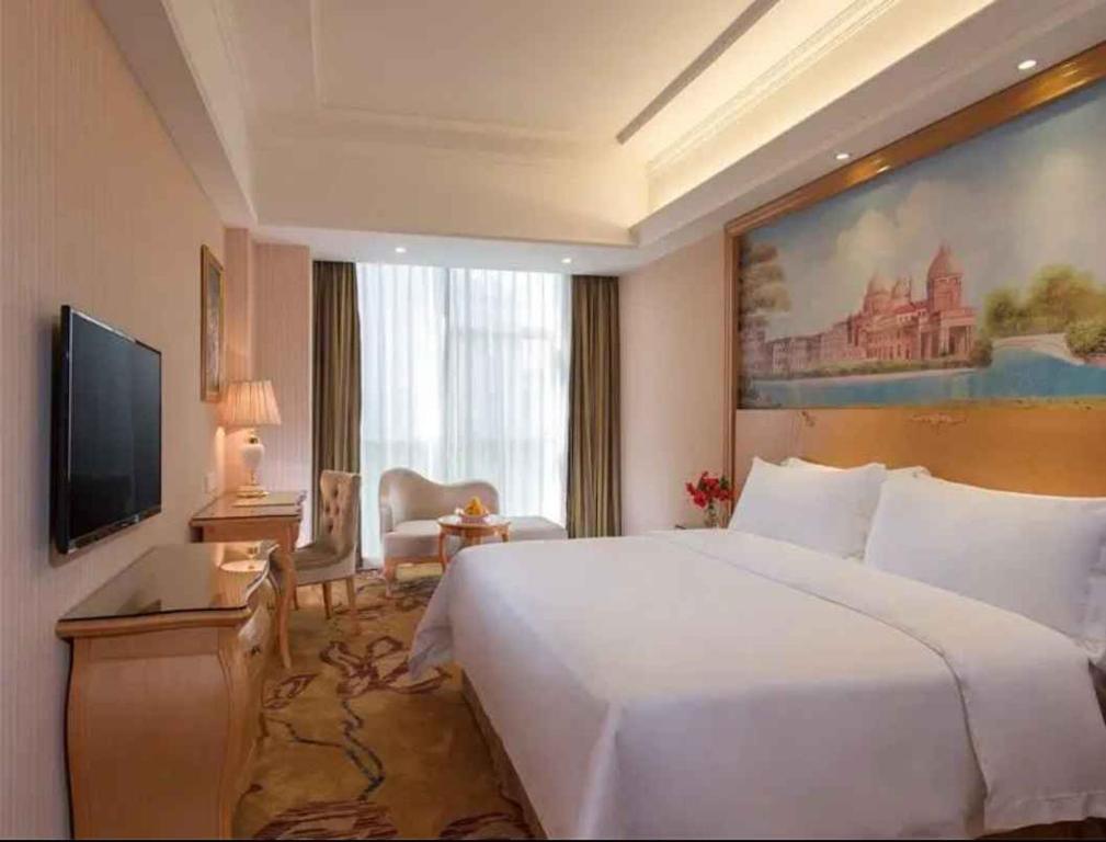 龙岗维也纳酒店深圳宝能城市广场店的酒店客房设有一张大床和一台电视。